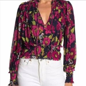 Free People Twilight Dark Combo Navy Multi Mesh Floral Top